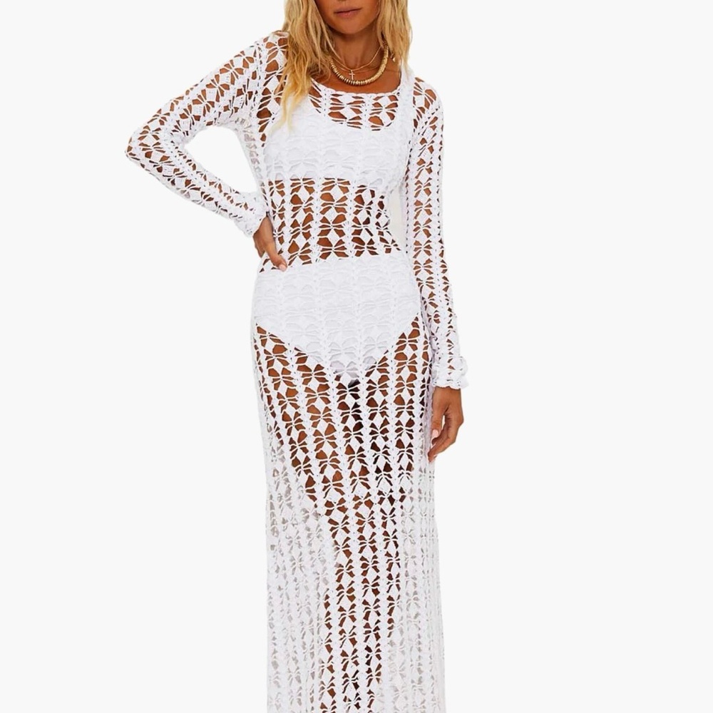 Beach Riot White Crochet Long-Sleeve Maxi Swim Cover-Up - Picture 2 of 6
